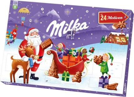 Milka Adventskalender mit gefüllten Schokofiguren aus Alpenmilch-Schokolade & Milchcrème – 24 Türchen